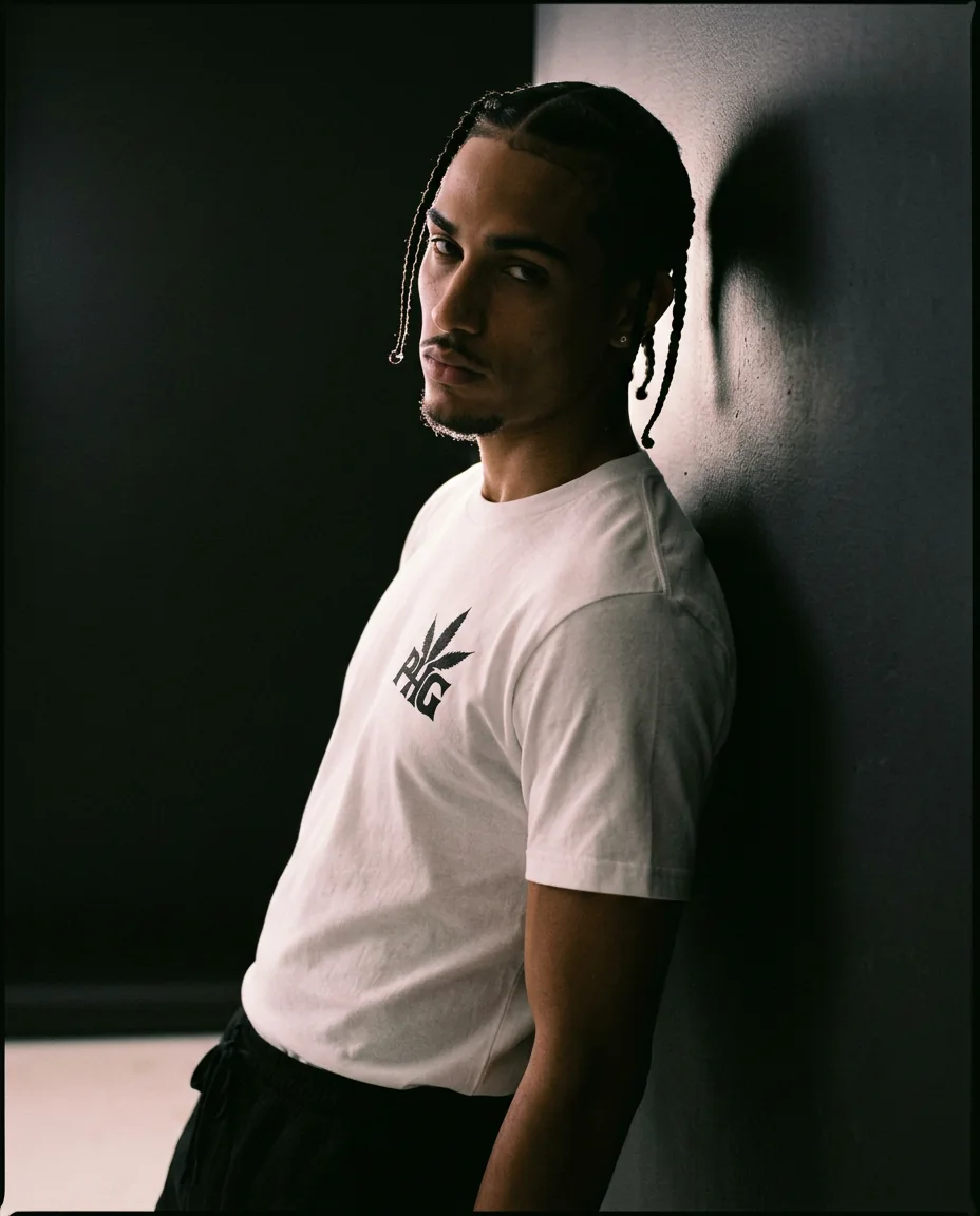 A figure in a white PotHead Gang T-shirt against a dark wall.