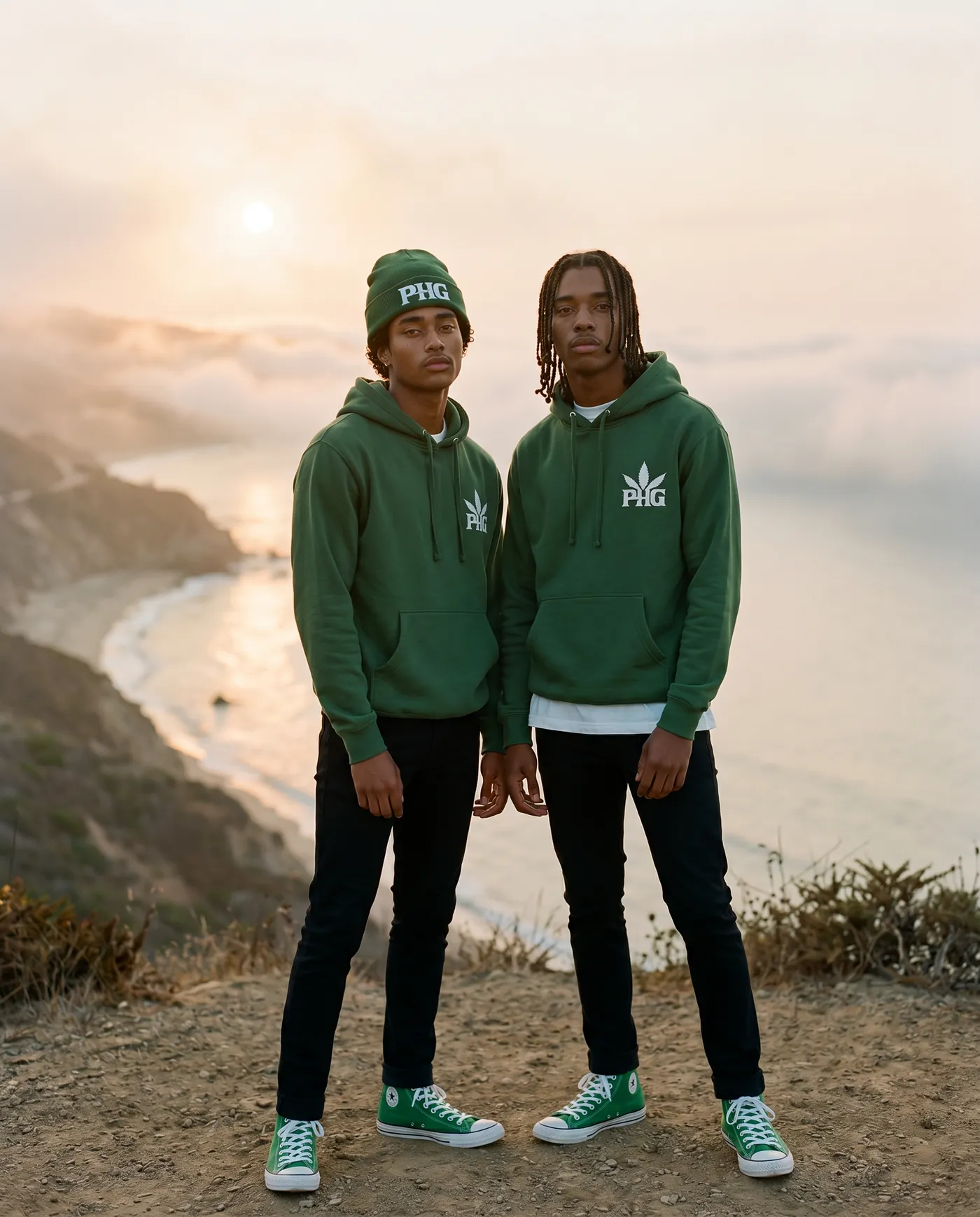 Two members in PotHead Gang hoodies on the coast at sunset.