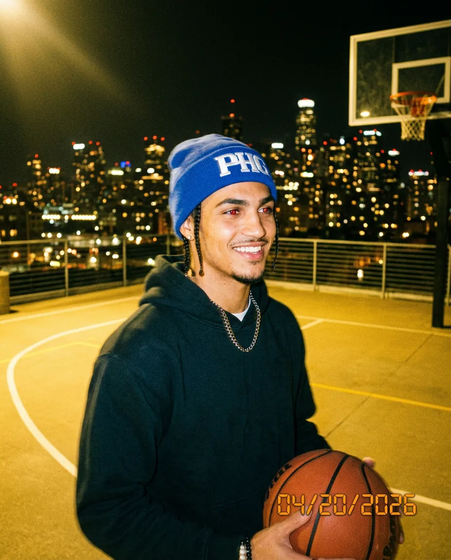A member in a blue PotHead Gang beanie on a lit basketball court at night.
