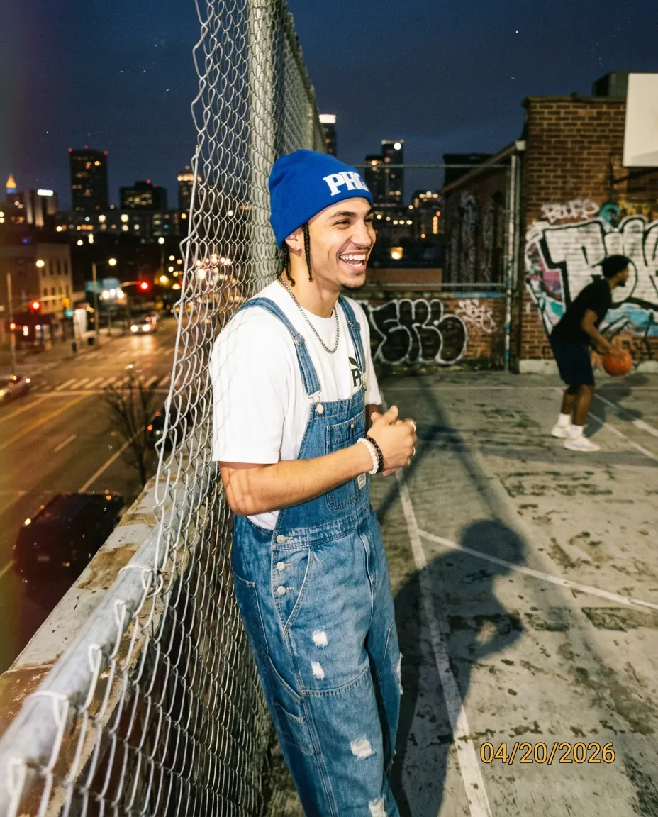 A member against a chain-link fence with the city behind him.