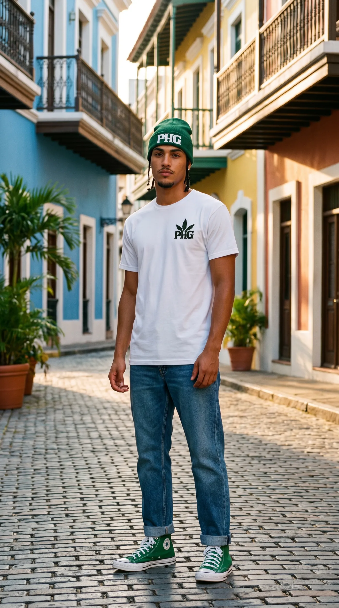 A member walking a pastel-coloured street in a PotHead Gang tee.