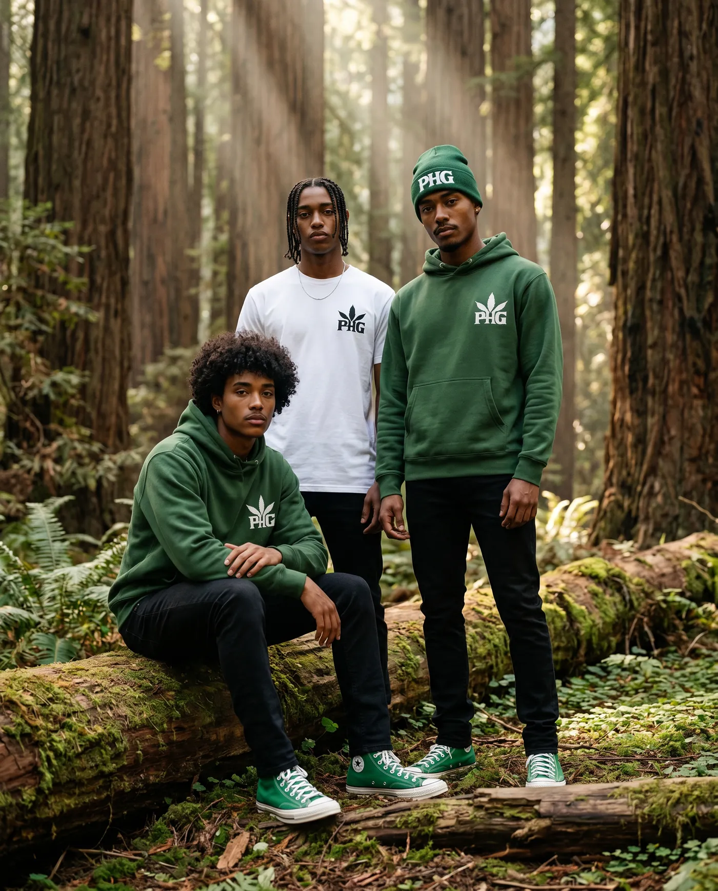 Three PotHead Gang members in branded hoodies and tees standing among the redwoods.
