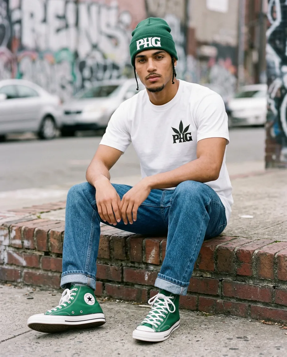 A member in a PotHead Gang tee on a stoop in front of a graffiti wall.