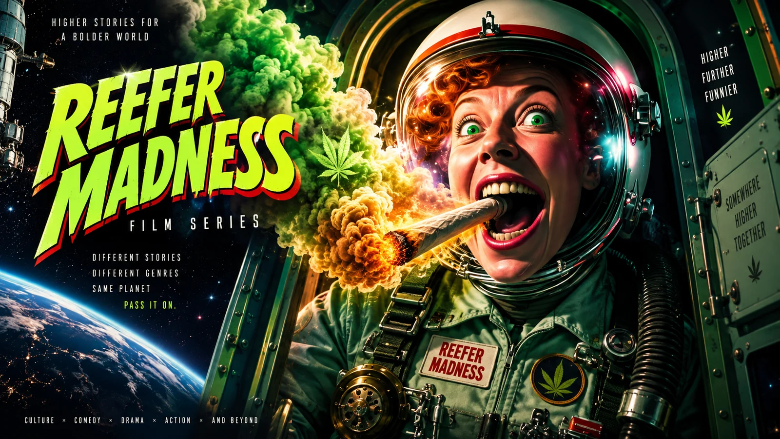 Reefer Madness film series key art — an astronaut exhaling smoke above Earth.